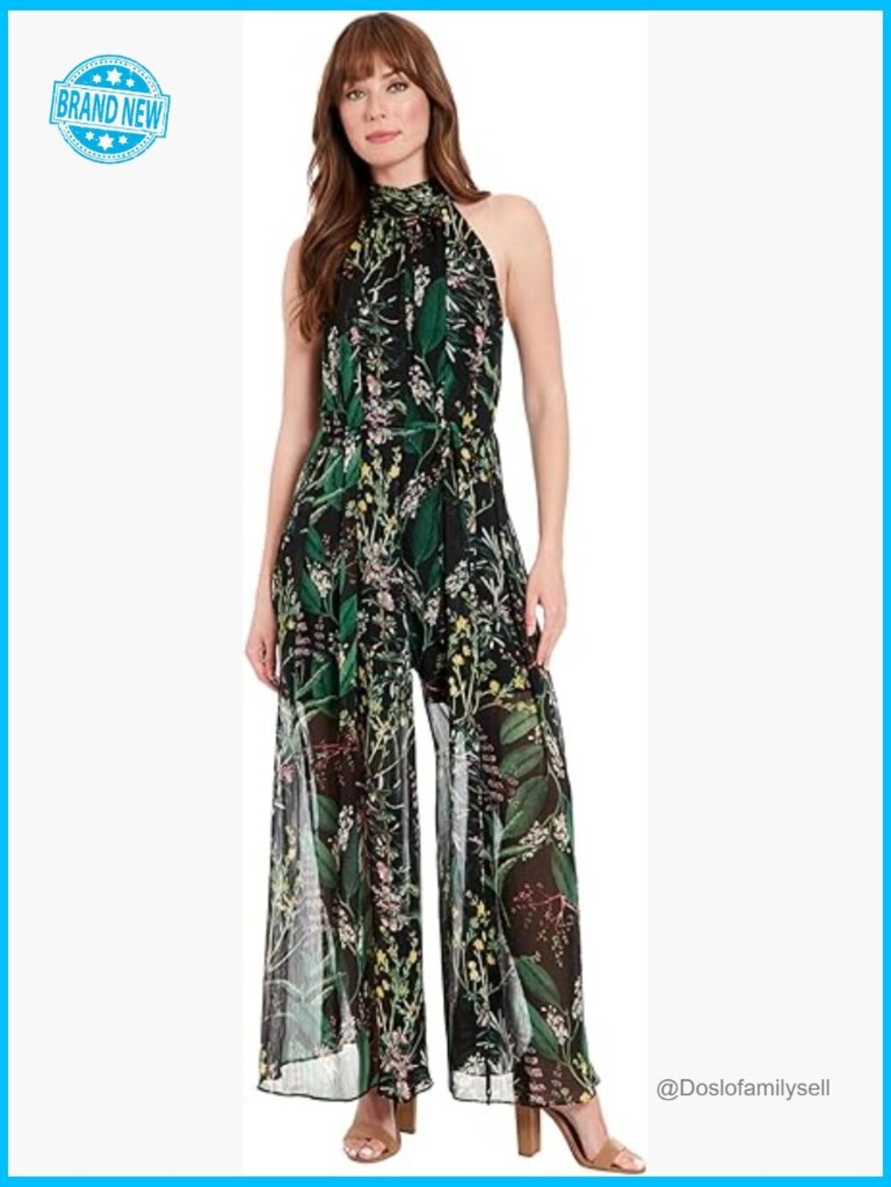 Elegant Halter-Neck Maxi Jumpsuit Flowy Wide-Leg Floral Sleeveless Wedding Guest